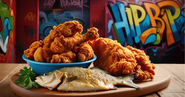 Hip Hop Fish and Chicken A vibrant plate of Cajun-seasoned fried chicken and fish with collard greens, cornbread, and remoulade sauce on a blue-checkered tablecloth.