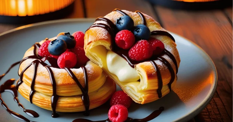 Cream puffs with berries and chocolate sauce on a plate.