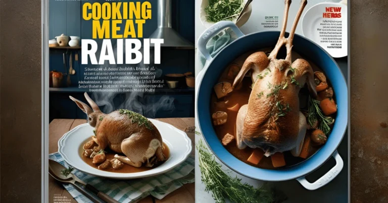 Rabbit meat cuts (legs, loin) arranged on a marble countertop for cooking prep.